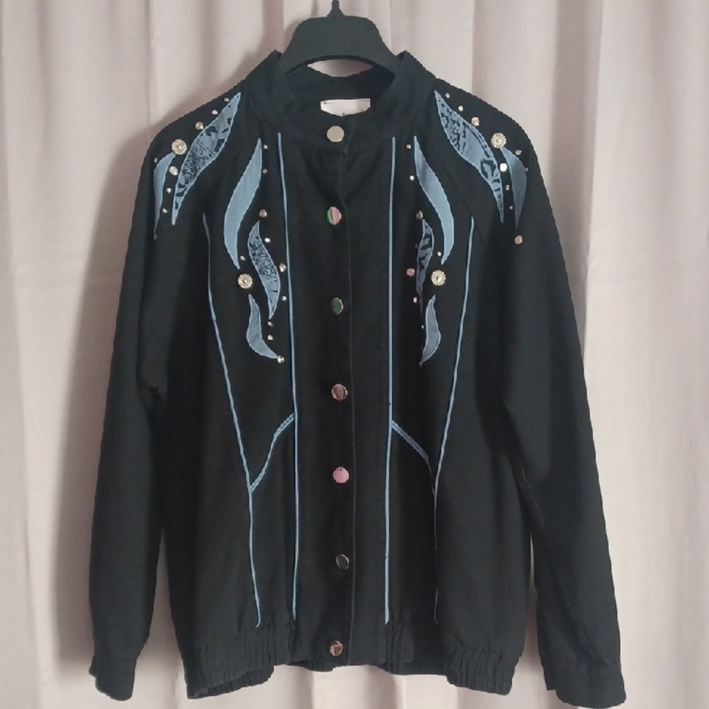 Pierre Lamonte Black Denim Jacket With Embroidery, Rivets, Bomber Style Unisex